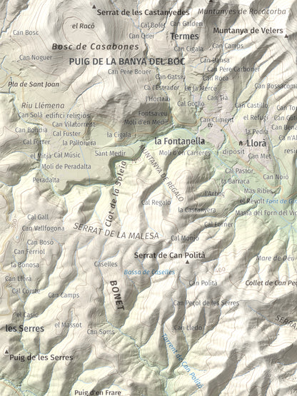 Mapa de relieve de Sant Grau, 500 m, Gironès, lámina 100 Cims de Trobart. Detalle de la zona superior izquierda. 30 × 40 cm.