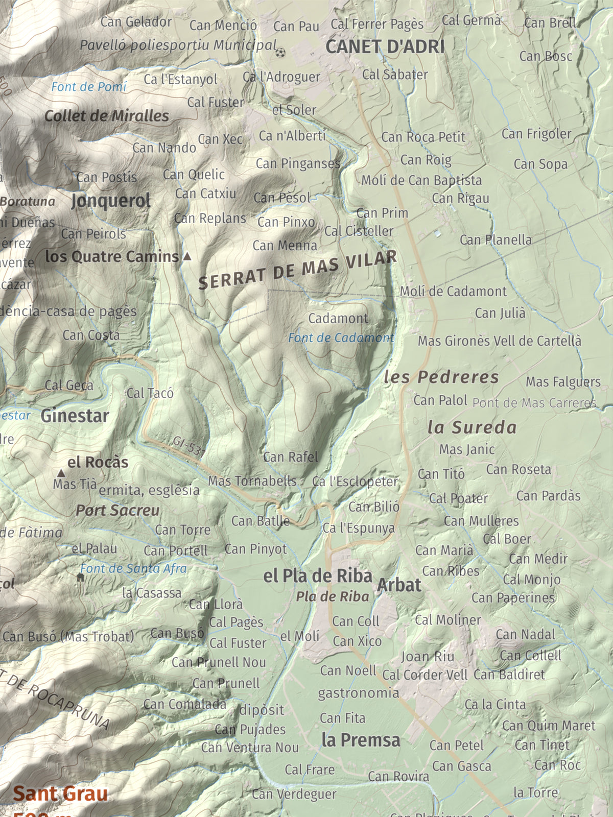 Mapa de relieve de Sant Grau, 500 m, Gironès, lámina 100 Cims de Trobart. Detalle de la zona superior derecha. 30 × 40 cm.