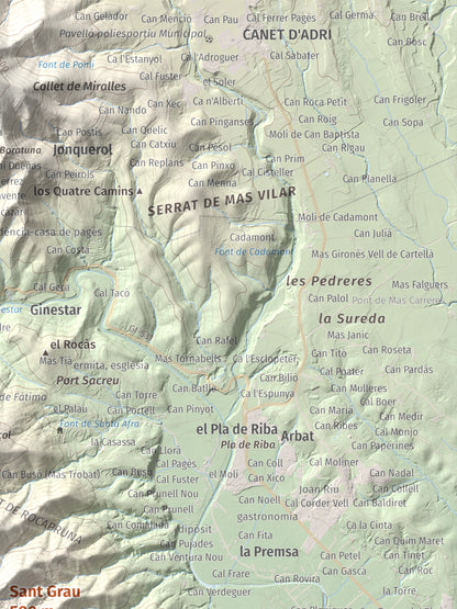 Mapa de relieve de Sant Grau, 500 m, Gironès, lámina 100 Cims de Trobart. Detalle de la zona superior derecha. 30 × 40 cm.