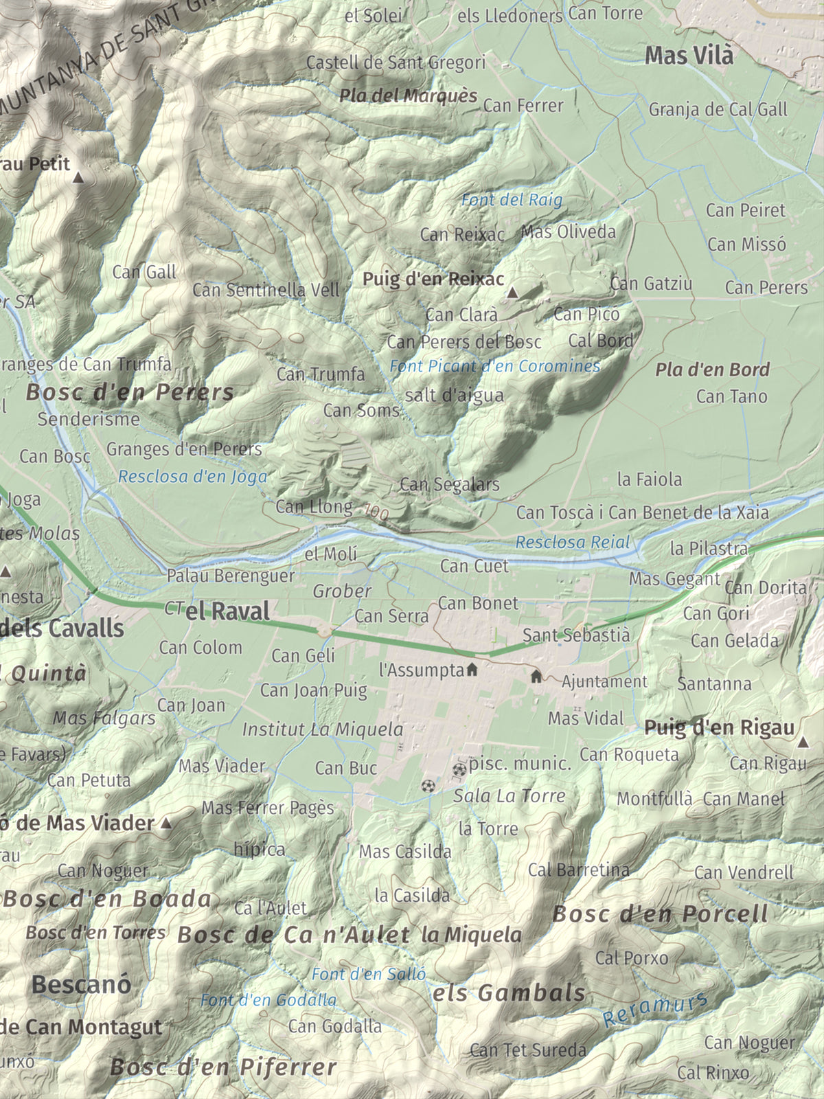 Mapa de relieve de Sant Grau, 500 m, Gironès, lámina 100 Cims de Trobart. Detalle de la zona inferior derecha. 30 × 40 cm.
