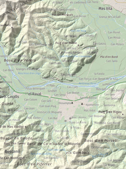 Mapa de relieve de Sant Grau, 500 m, Gironès, lámina 100 Cims de Trobart. Detalle de la zona inferior derecha. 30 × 40 cm.