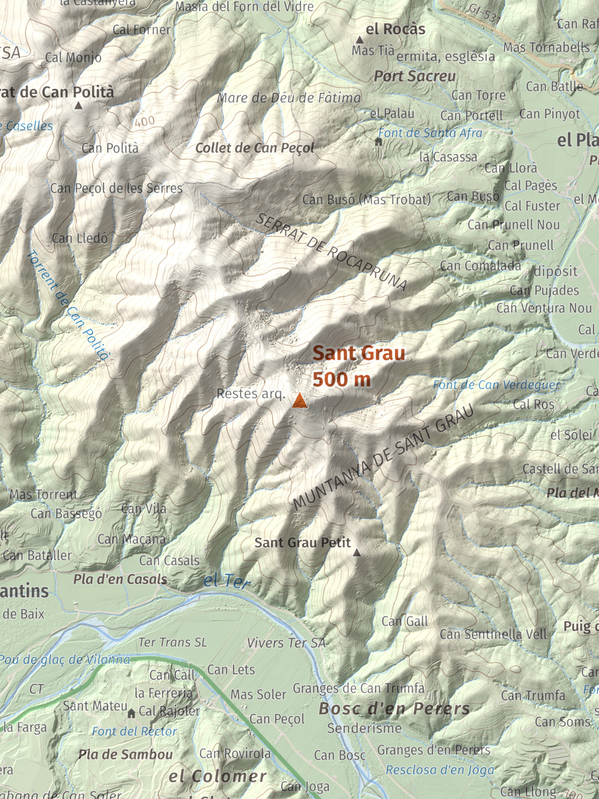 Mapa de relieve de Sant Grau, 500 m, Gironès, lámina 100 Cims de Trobart. Detalle de la zona central. 30 × 40 cm.