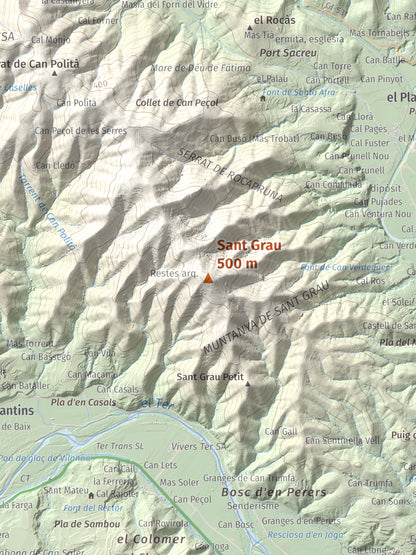 Mapa de relieve de Sant Grau, 500 m, Gironès, lámina 100 Cims de Trobart. Detalle de la zona central. 30 × 40 cm.