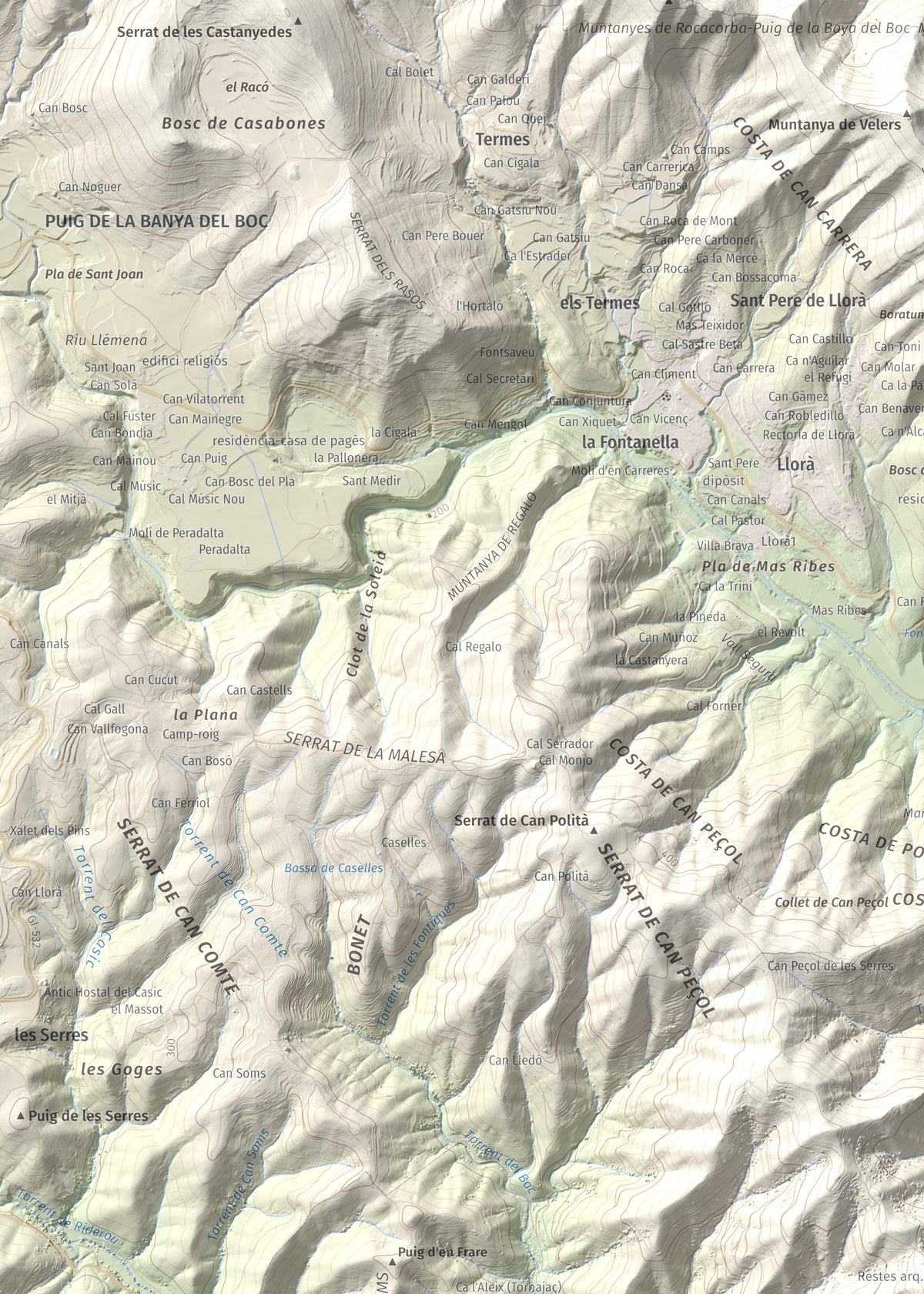 Mapa de relieve de Sant Grau, 500 m, Gironès, lámina 100 Cims de Trobart. Detalle de la zona superior izquierda. 50 × 70 cm.