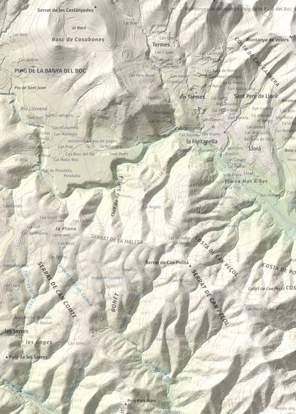 Mapa de relieve de Sant Grau, 500 m, Gironès, lámina 100 Cims de Trobart. Detalle de la zona superior izquierda. 50 × 70 cm.