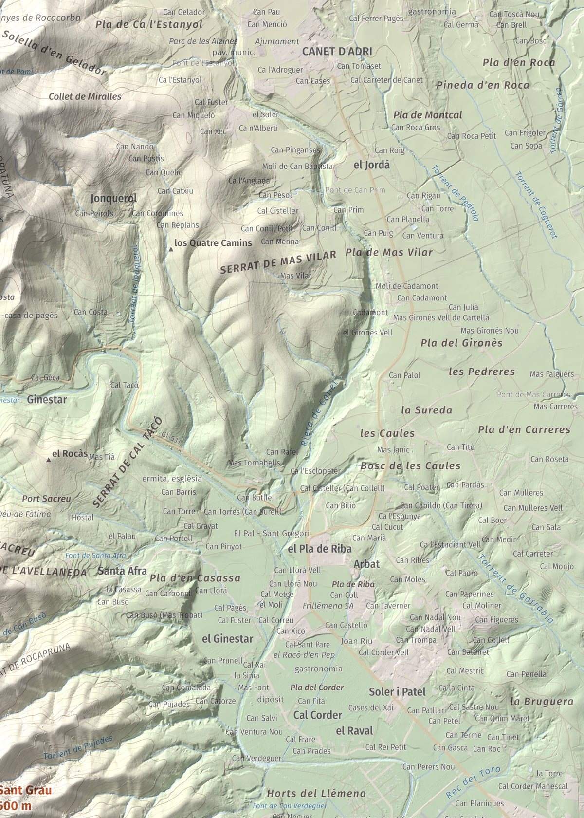Mapa de relieve de Sant Grau, 500 m, Gironès, lámina 100 Cims de Trobart. Detalle de la zona superior derecha. 50 × 70 cm.