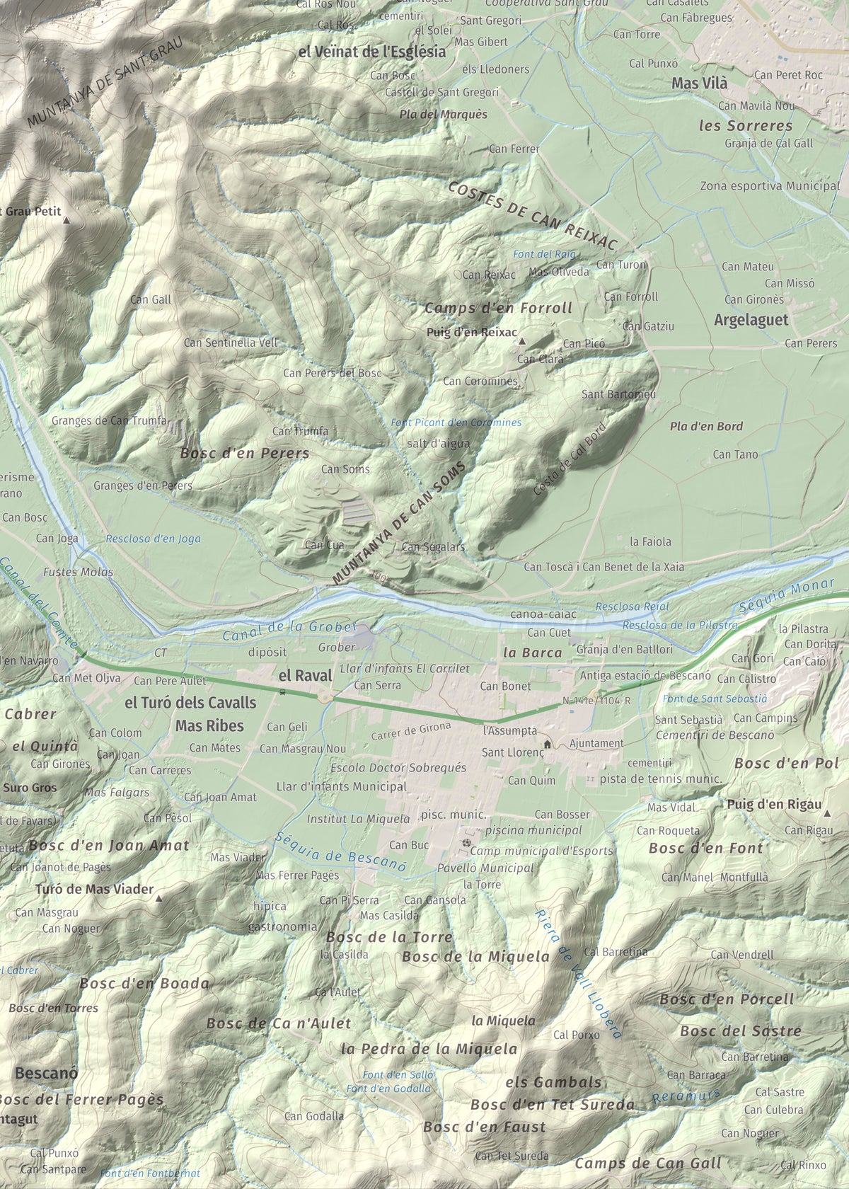 Mapa de relieve de Sant Grau, 500 m, Gironès, lámina 100 Cims de Trobart. Detalle de la zona inferior derecha. 50 × 70 cm.