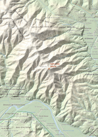 Mapa de relieve de Sant Grau, 500 m, Gironès, lámina 100 Cims de Trobart. Detalle de la zona central. 50 × 70 cm.