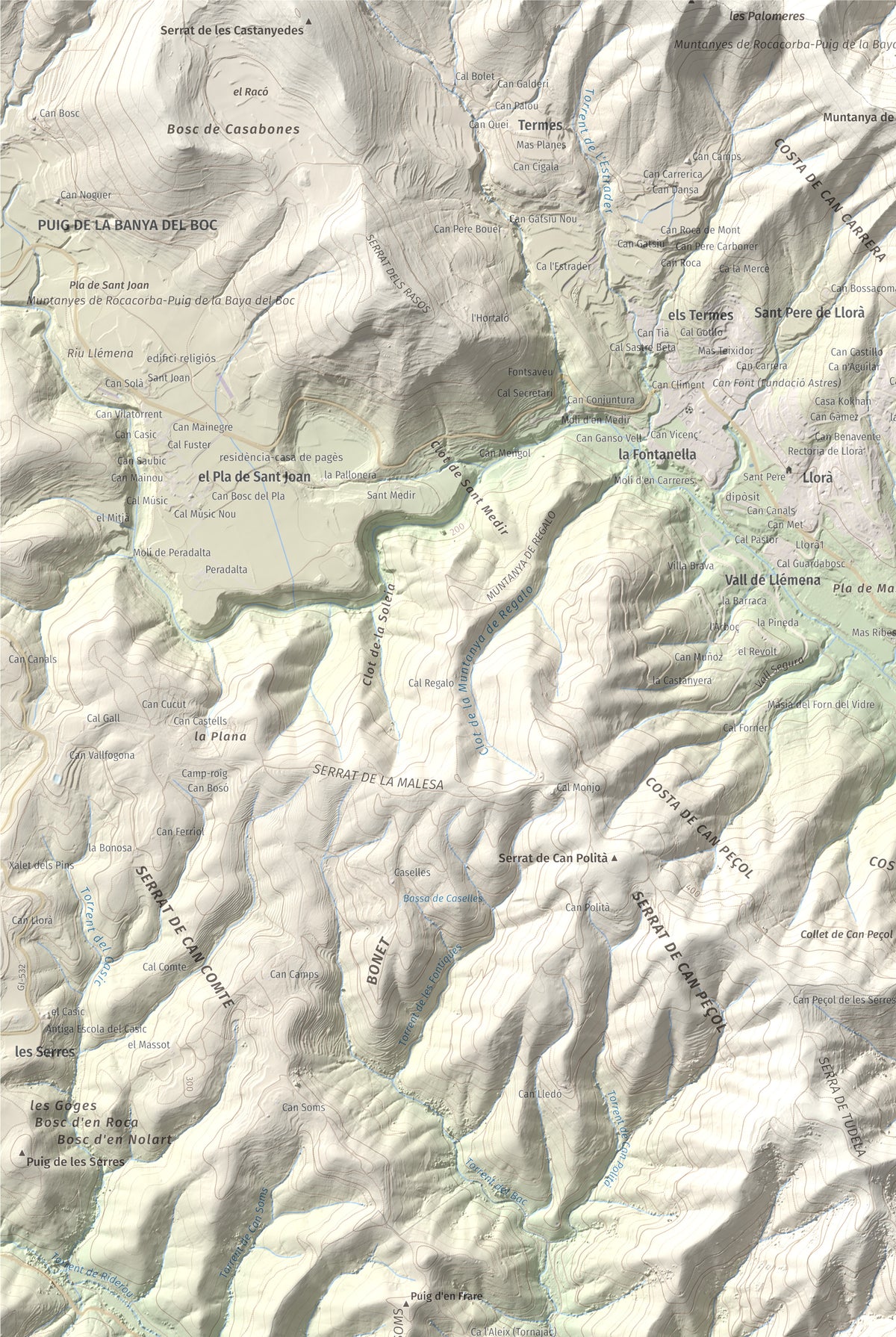 Mapa de relieve de Sant Grau, 500 m, Gironès, lámina 100 Cims de Trobart. Detalle de la zona superior izquierda. 61 × 91 cm.