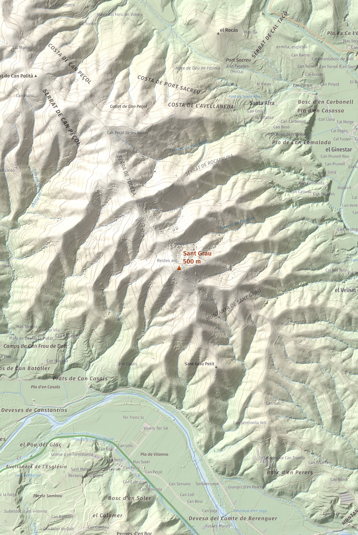 Mapa de relieve de Sant Grau, 500 m, Gironès, lámina 100 Cims de Trobart. Detalle de la zona central. 61 × 91 cm.