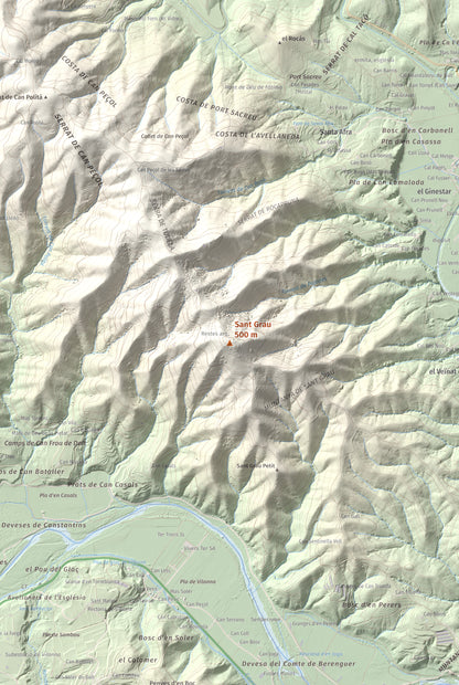 Mapa de relieve de Sant Grau, 500 m, Gironès, lámina 100 Cims de Trobart. Detalle de la zona central. 61 × 91 cm.
