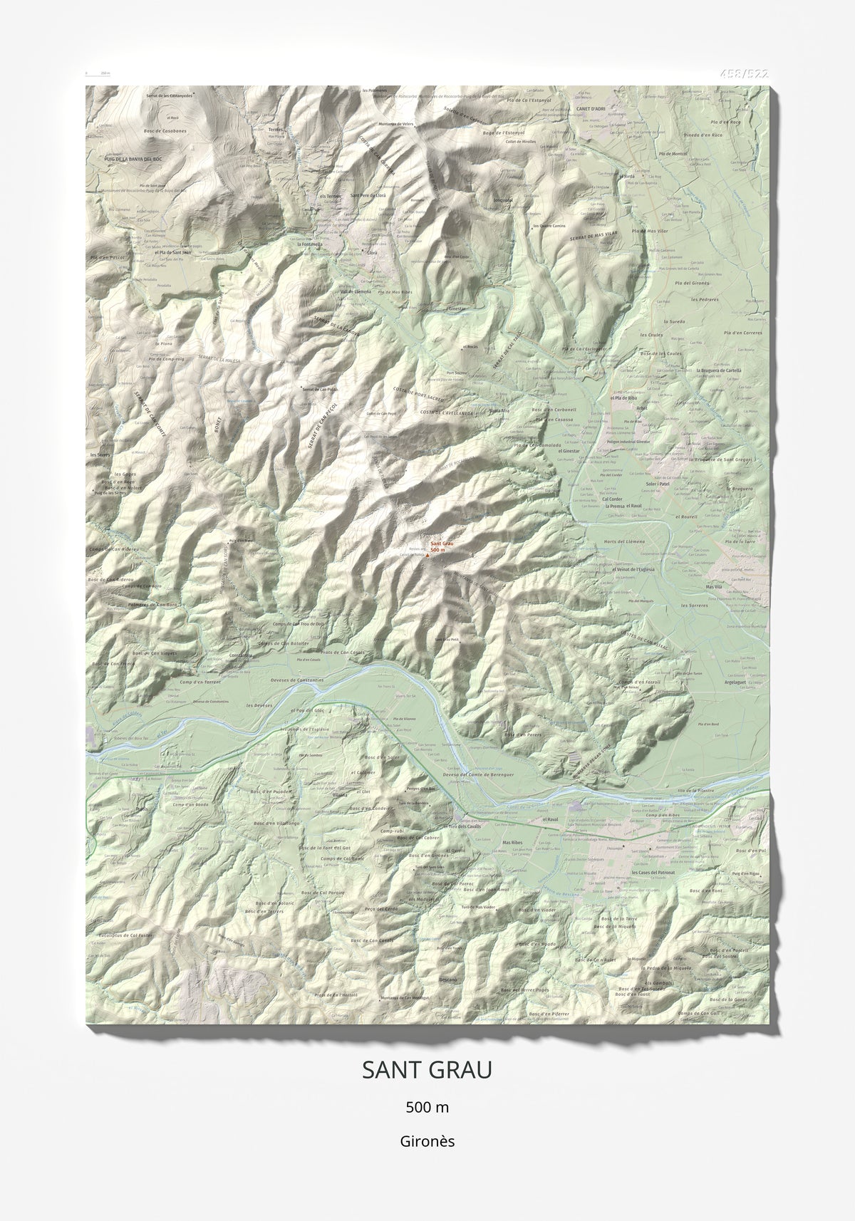 Mapa de relieve de Sant Grau, 500 m, Gironès, lámina 100 Cims de Trobart 70 × 100 cm.