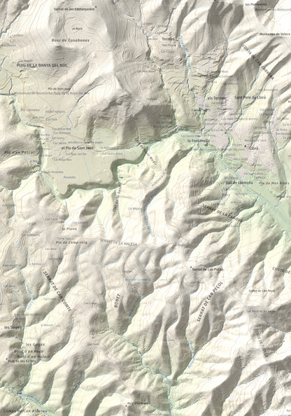 Mapa de relieve de Sant Grau, 500 m, Gironès, lámina 100 Cims de Trobart. Detalle de la zona superior izquierda. 70 × 100 cm.