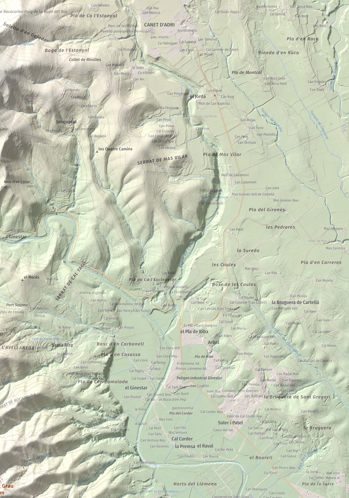 Mapa de relieve de Sant Grau, 500 m, Gironès, lámina 100 Cims de Trobart. Detalle de la zona superior derecha. 70 × 100 cm.
