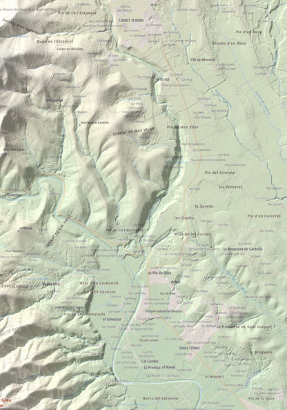 Mapa de relieve de Sant Grau, 500 m, Gironès, lámina 100 Cims de Trobart. Detalle de la zona superior derecha. 70 × 100 cm.