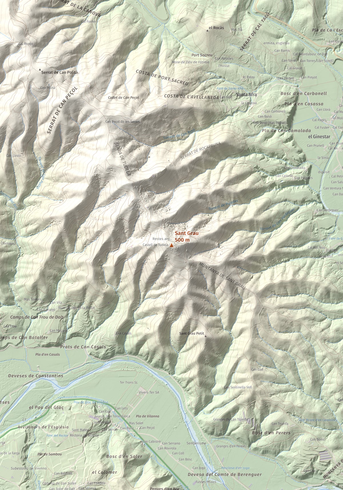Mapa de relieve de Sant Grau, 500 m, Gironès, lámina 100 Cims de Trobart. Detalle de la zona central. 70 × 100 cm.