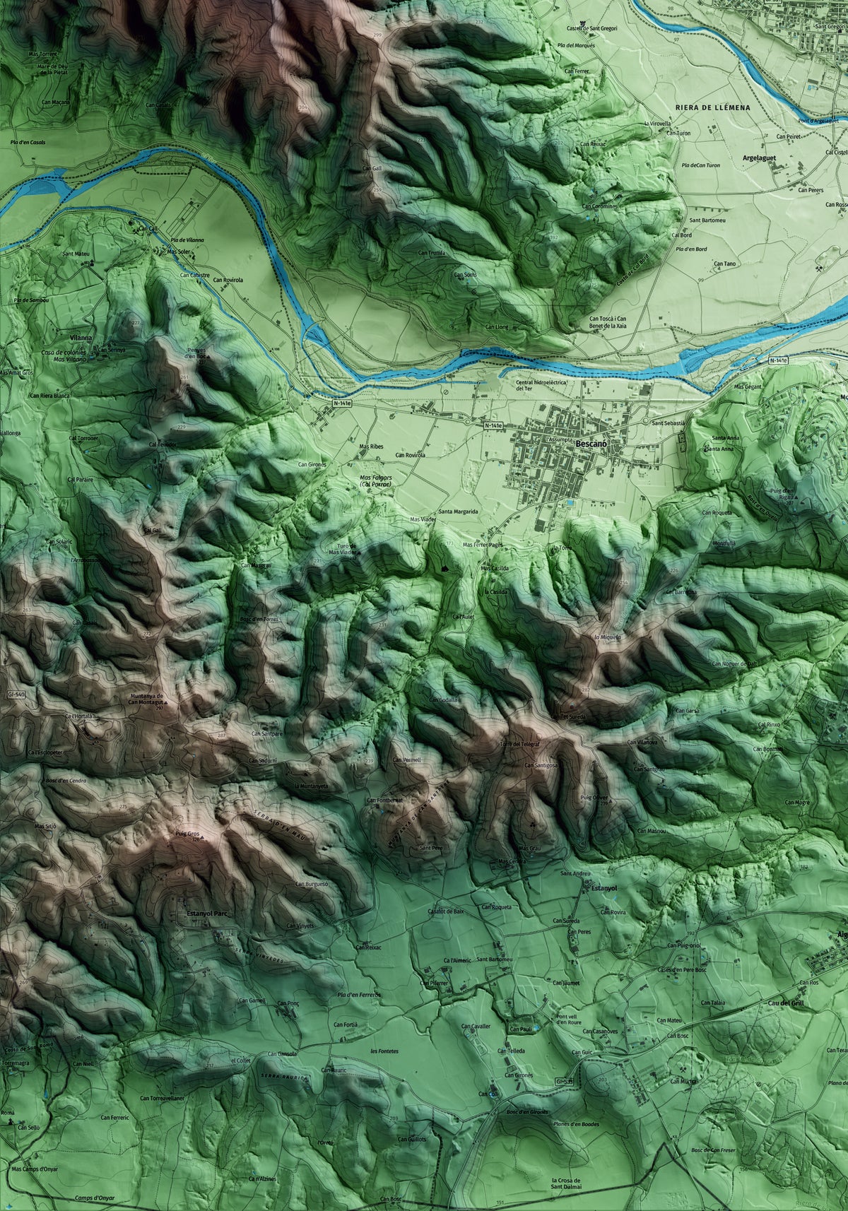 Mapa artístico del relieve de Sant Gregori, al Gironès, con 15 km de entorno y base topográfica ICGC. Detalle de la zona inferior izquierda.
