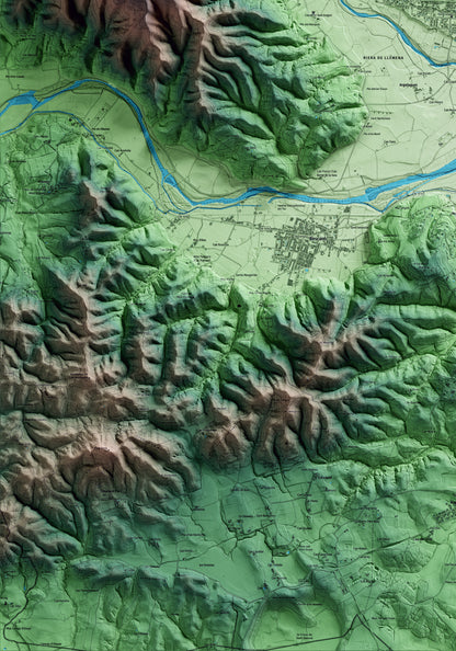 Mapa artístico del relieve de Sant Gregori, al Gironès, con 15 km de entorno y base topográfica ICGC. Detalle de la zona inferior izquierda.