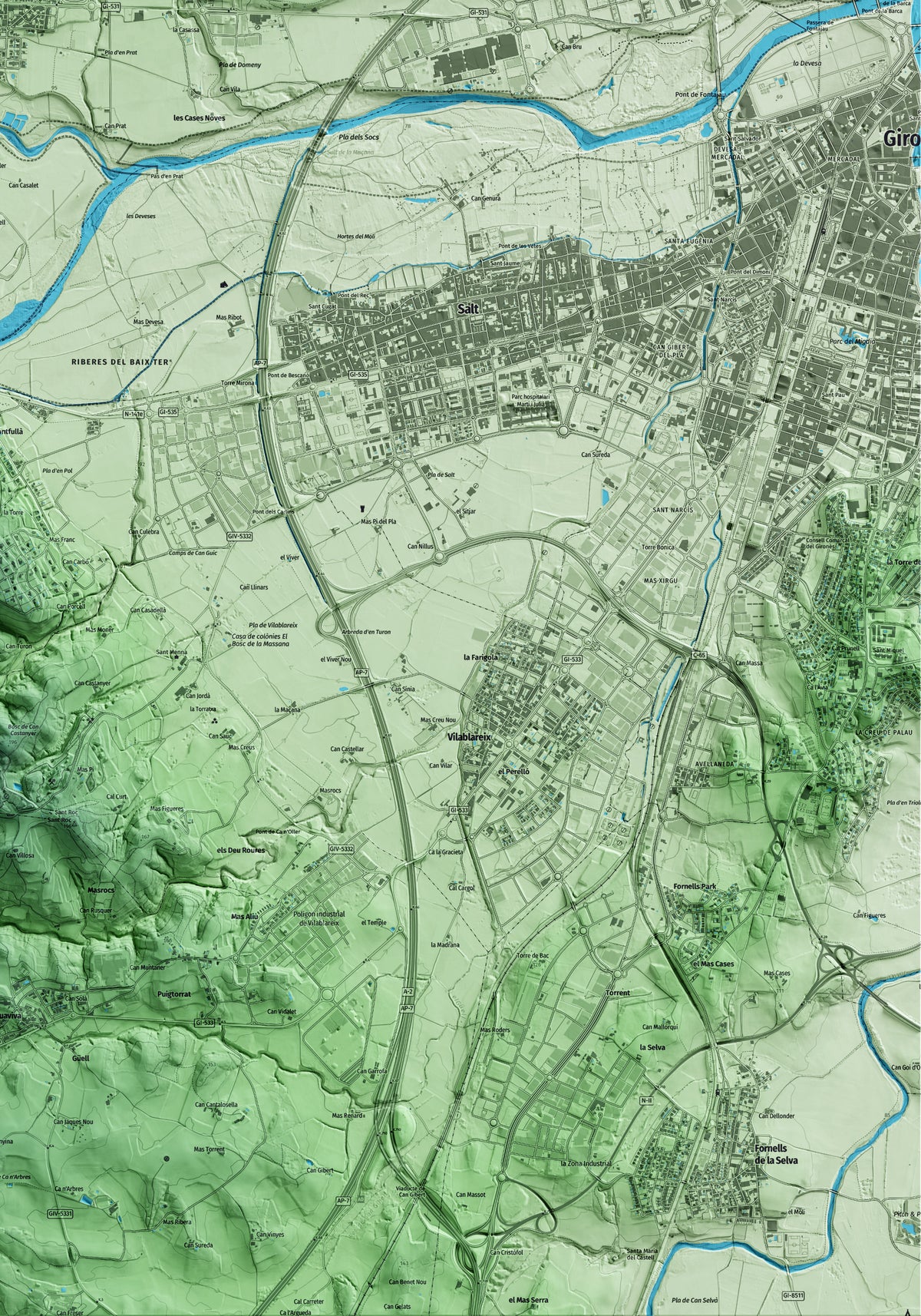 Mapa artístico del relieve de Sant Gregori, al Gironès, con 15 km de entorno y base topográfica ICGC. Detalle de la zona inferior derecha.