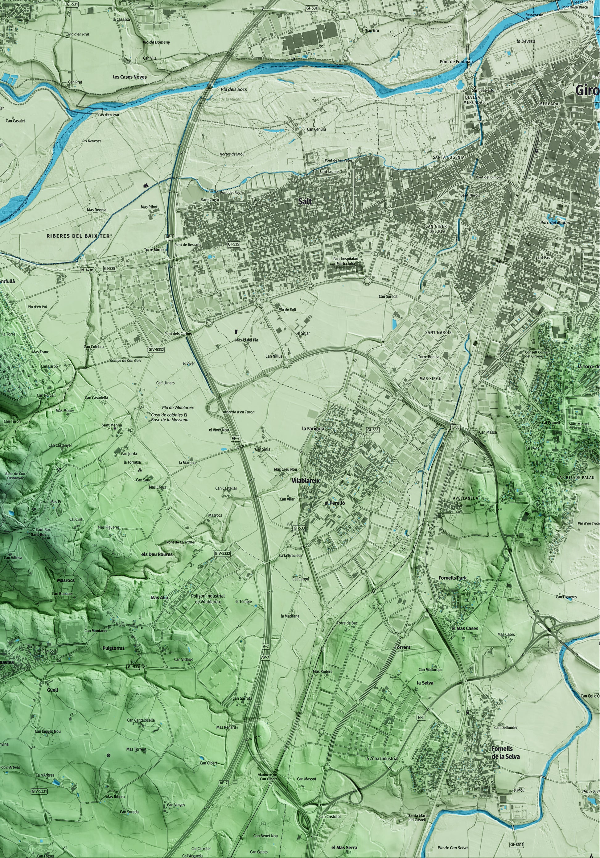 Mapa artístico del relieve de Sant Gregori, al Gironès, con 15 km de entorno y base topográfica ICGC. Detalle de la zona inferior derecha.