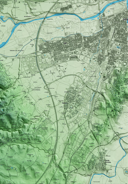 Mapa artístico del relieve de Sant Gregori, al Gironès, con 15 km de entorno y base topográfica ICGC. Detalle de la zona inferior derecha.