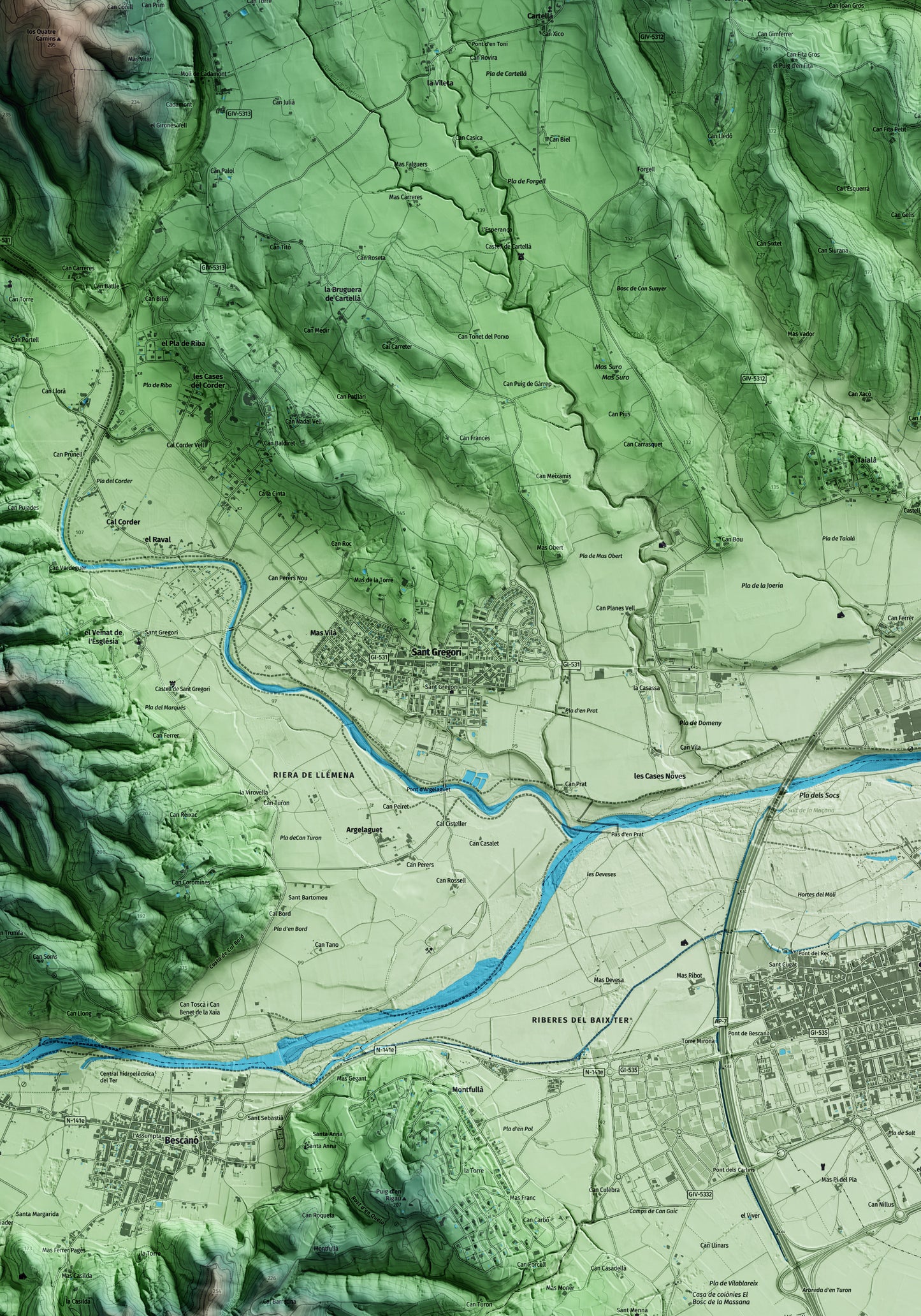 Mapa artístico del relieve de Sant Gregori, al Gironès, con 15 km de entorno y base topográfica ICGC. Detalle de la zona central.