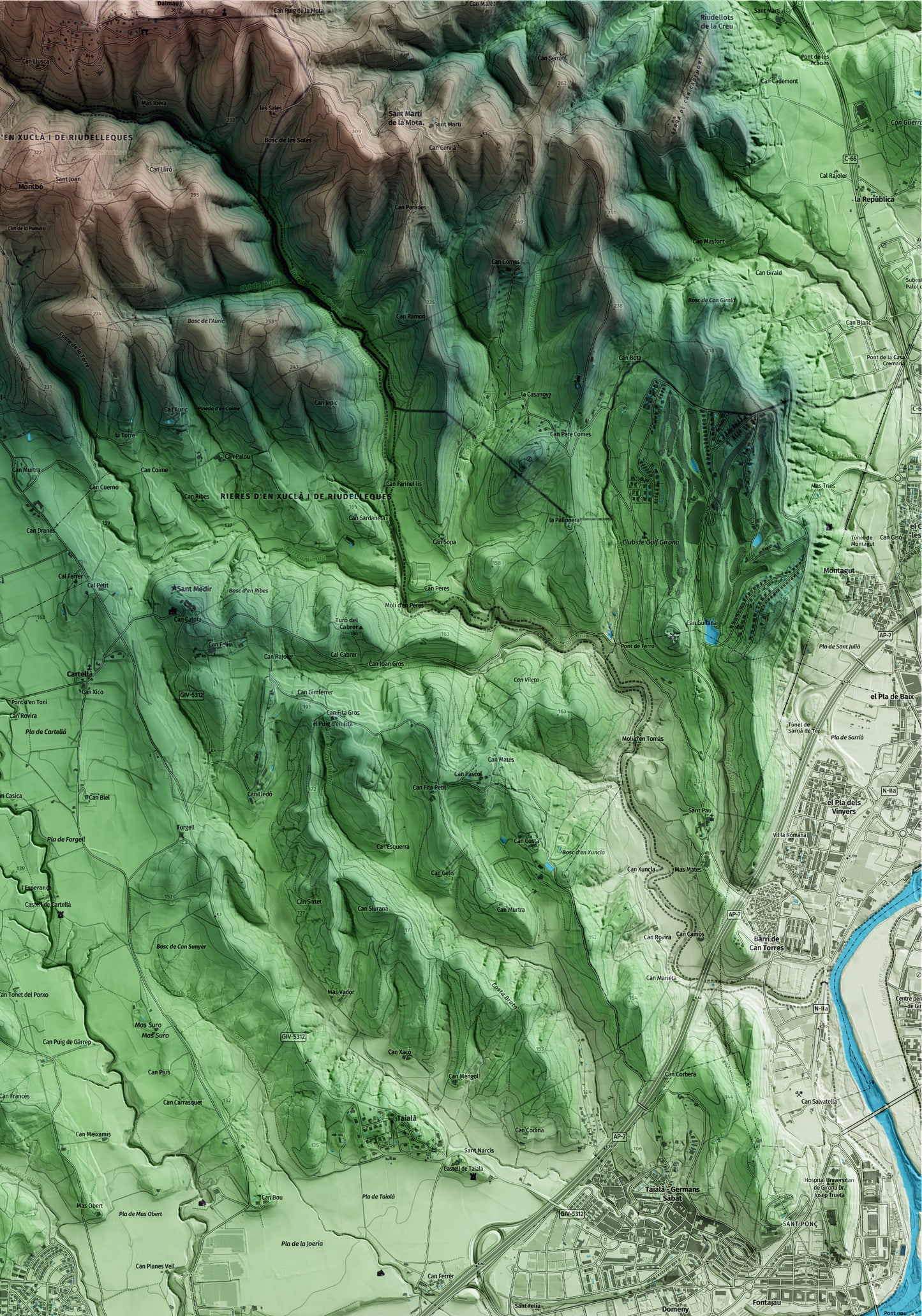 Mapa artístico del relieve de Sant Gregori, al Gironès, con 15 km de entorno y base topográfica ICGC. Detalle de la zona superior derecha.