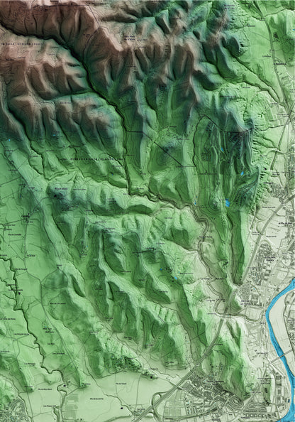 Mapa artístico del relieve de Sant Gregori, al Gironès, con 15 km de entorno y base topográfica ICGC. Detalle de la zona superior derecha.