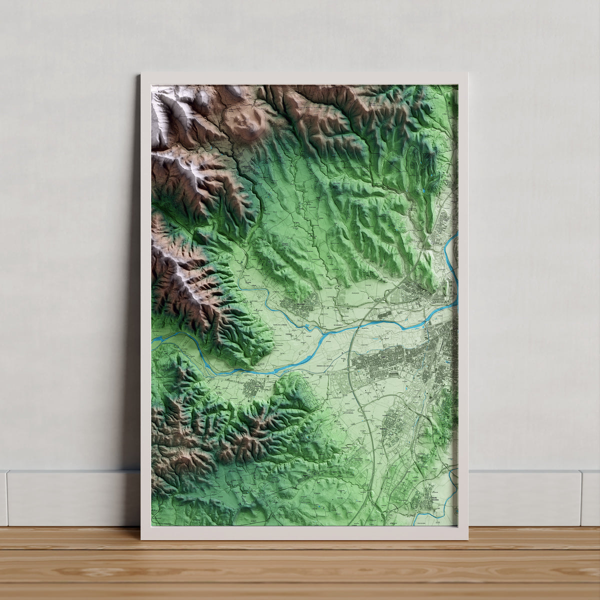 Mapa artístico del relieve de Sant Gregori, al Gironès, con 15 km de entorno y base topográfica ICGC. Presentación enmarcada.
