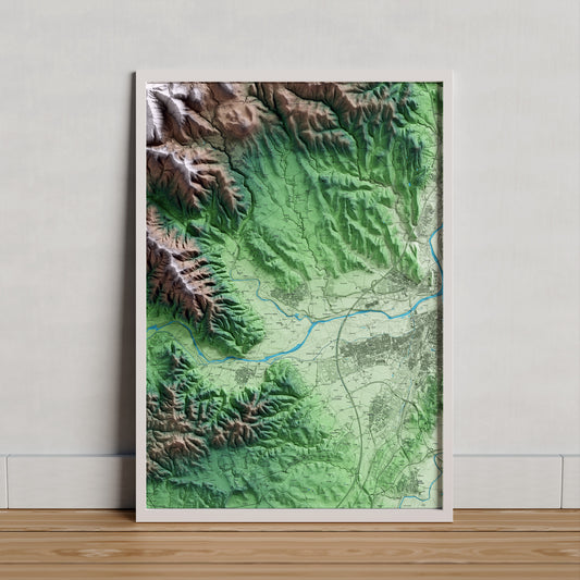 Mapa artístico del relieve de Sant Gregori, al Gironès, con 15 km de entorno y base topográfica ICGC. Presentación enmarcada.
