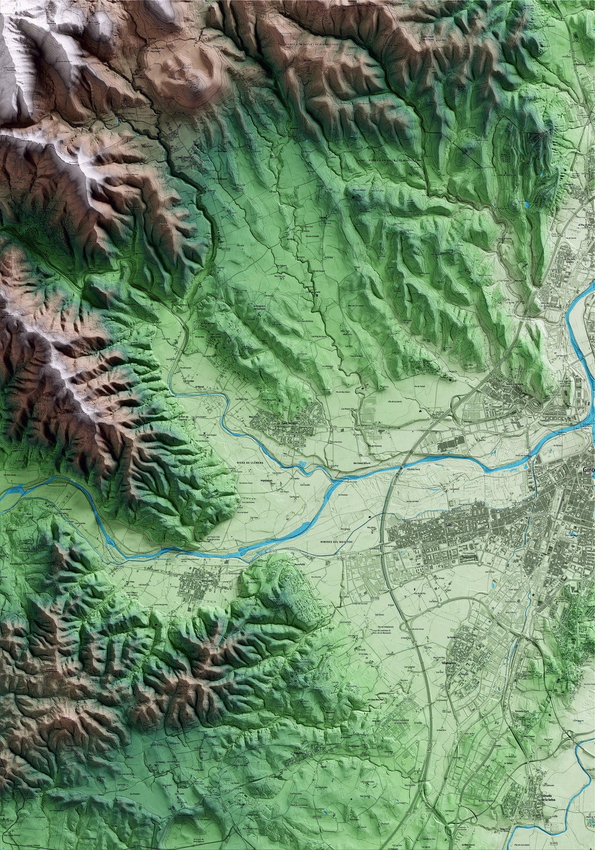 Mapa artístico del relieve de Sant Gregori, al Gironès, con 15 km de entorno y base topográfica ICGC