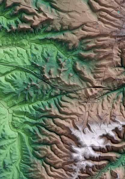 Mapa artístico del relieve de Sant Guim de Freixenet, a la Segarra, con 15 km de entorno y base topográfica ICGC. Detalle de la zona inferior izquierda.