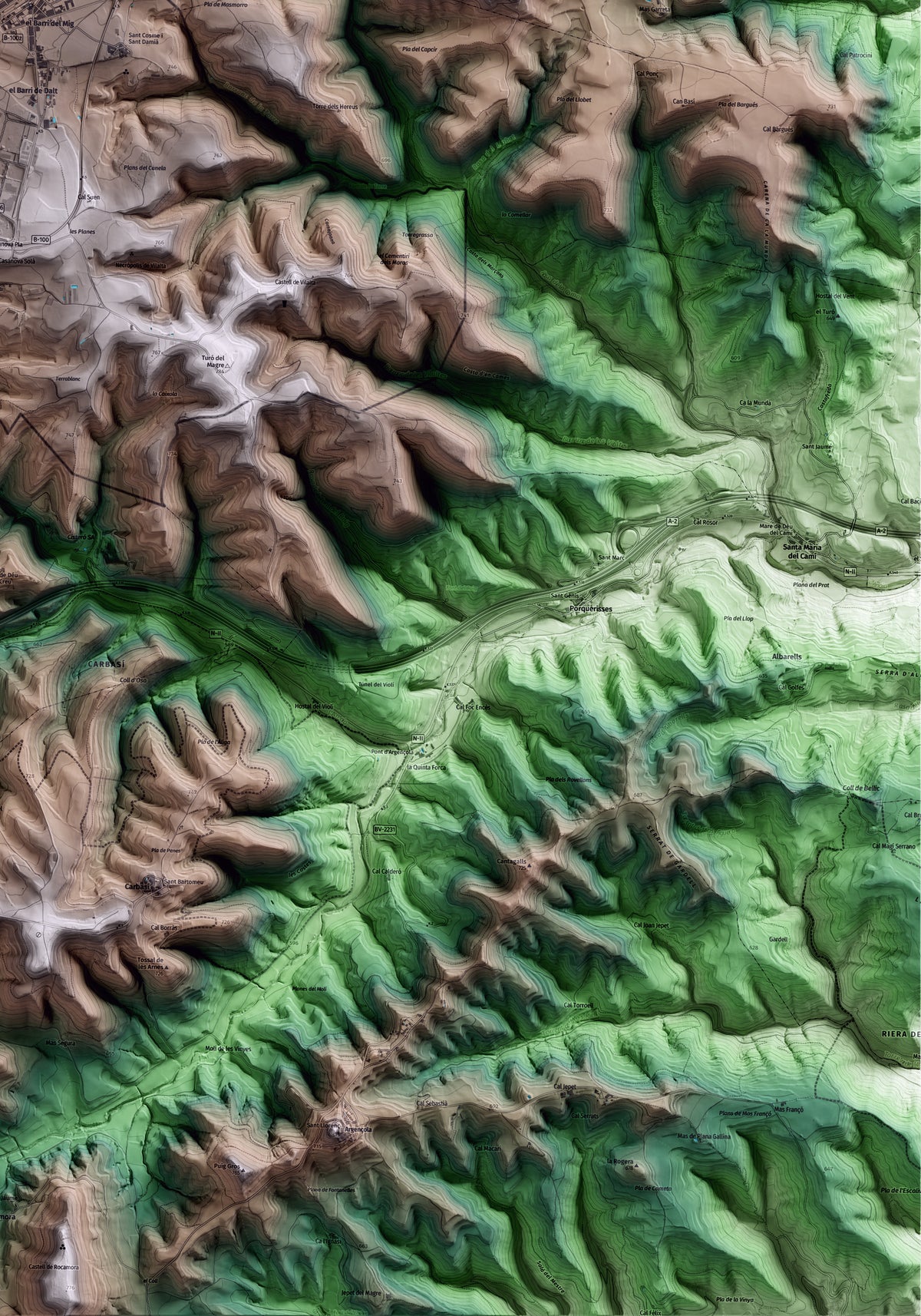 Mapa artístico del relieve de Sant Guim de Freixenet, a la Segarra, con 15 km de entorno y base topográfica ICGC. Detalle de la zona inferior derecha.