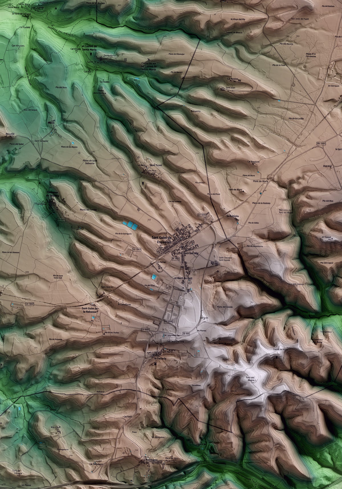 Mapa artístico del relieve de Sant Guim de Freixenet, a la Segarra, con 15 km de entorno y base topográfica ICGC. Detalle de la zona central.