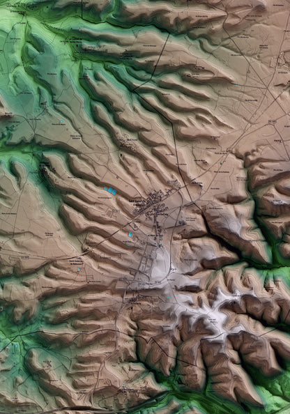 Mapa artístico del relieve de Sant Guim de Freixenet, a la Segarra, con 15 km de entorno y base topográfica ICGC. Detalle de la zona central.