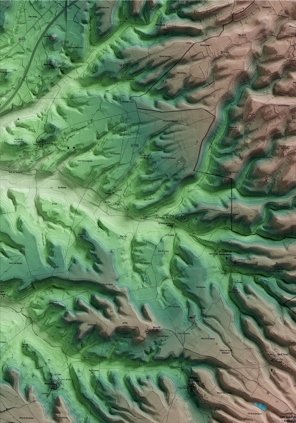 Mapa artístico del relieve de Sant Guim de Freixenet, a la Segarra, con 15 km de entorno y base topográfica ICGC. Detalle de la zona superior izquierda.