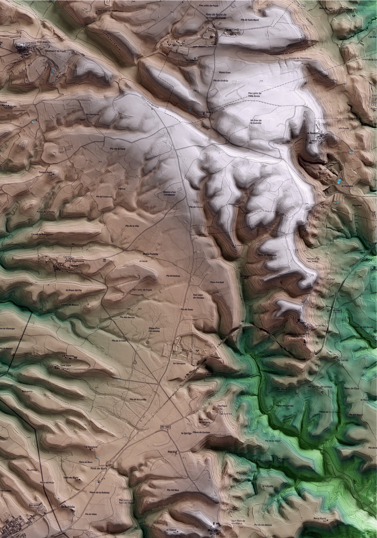 Mapa artístico del relieve de Sant Guim de Freixenet, a la Segarra, con 15 km de entorno y base topográfica ICGC. Detalle de la zona superior derecha.