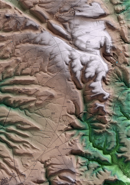 Mapa artístico del relieve de Sant Guim de Freixenet, a la Segarra, con 15 km de entorno y base topográfica ICGC. Detalle de la zona superior derecha.