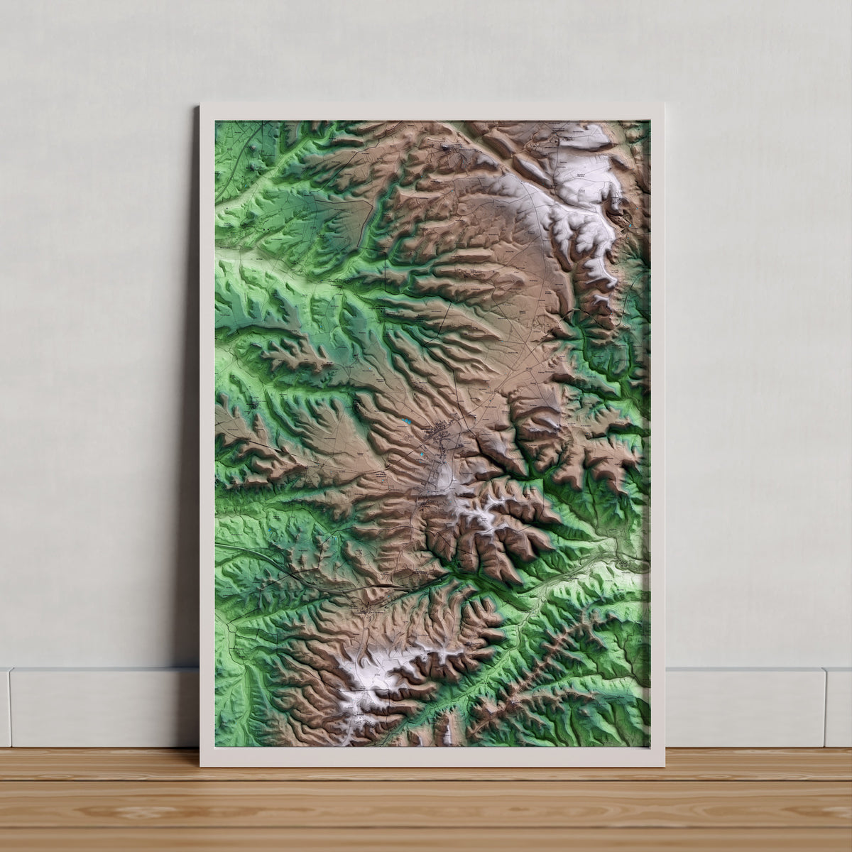 Mapa artístico del relieve de Sant Guim de Freixenet, a la Segarra, con 15 km de entorno y base topográfica ICGC. Presentación enmarcada.