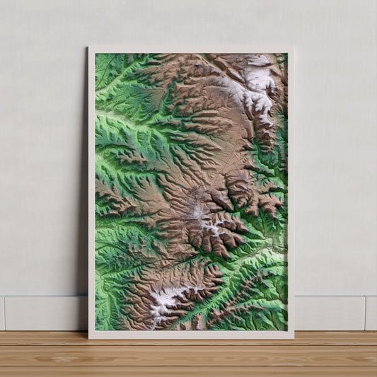 Mapa artístico del relieve de Sant Guim de Freixenet, a la Segarra, con 15 km de entorno y base topográfica ICGC. Presentación enmarcada.