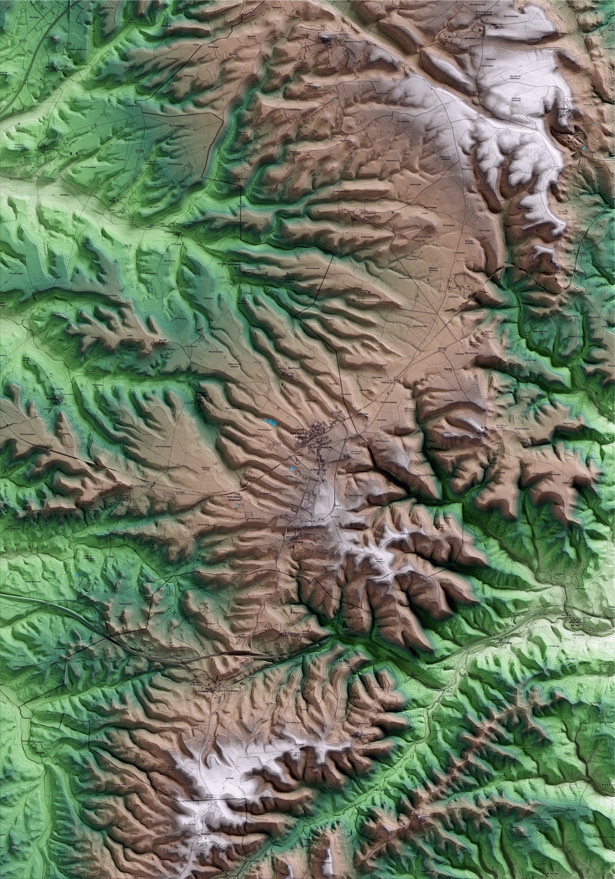 Mapa artístico del relieve de Sant Guim de Freixenet, a la Segarra, con 15 km de entorno y base topográfica ICGC