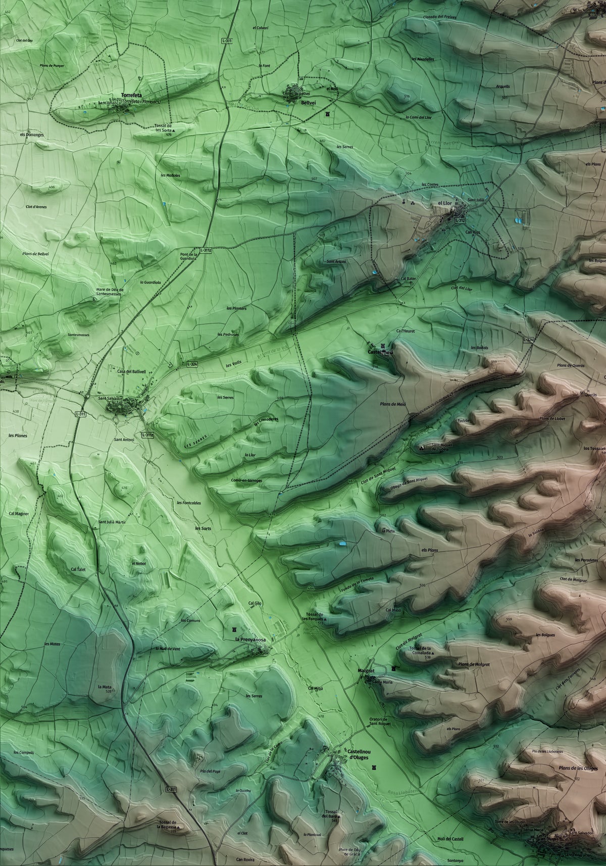 Mapa artístico del relieve de Sant Guim de la Plana, a la Segarra, con 15 km de entorno y base topográfica ICGC. Detalle de la zona inferior izquierda.