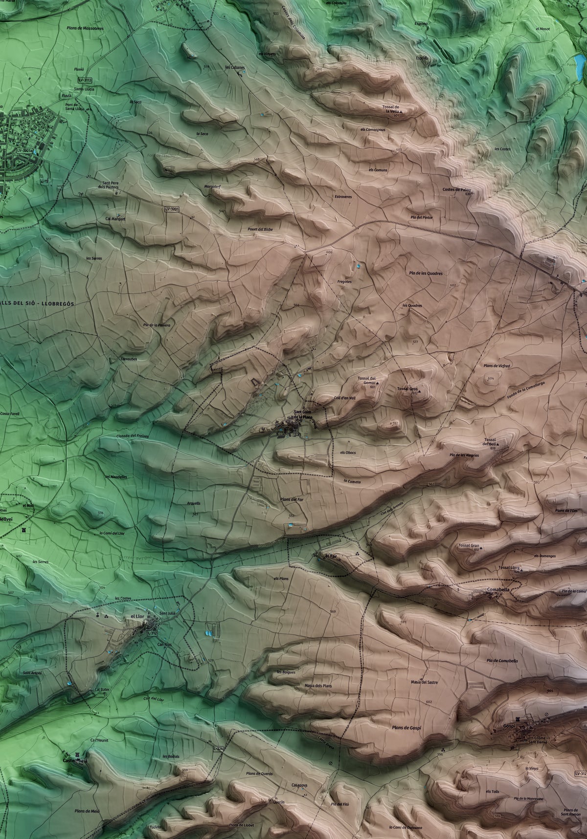 Mapa artístico del relieve de Sant Guim de la Plana, a la Segarra, con 15 km de entorno y base topográfica ICGC. Detalle de la zona central.