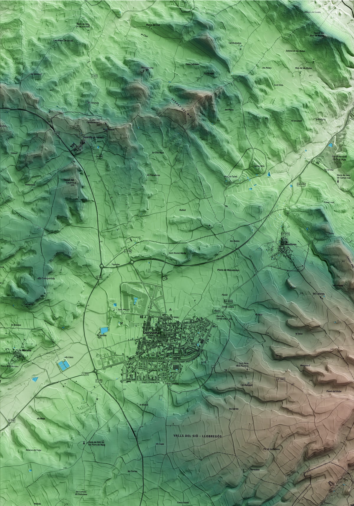 Mapa artístico del relieve de Sant Guim de la Plana, a la Segarra, con 15 km de entorno y base topográfica ICGC. Detalle de la zona superior izquierda.