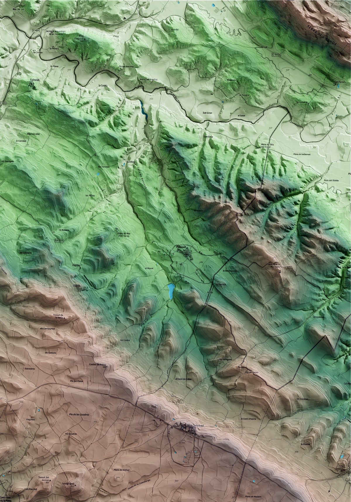 Mapa artístico del relieve de Sant Guim de la Plana, a la Segarra, con 15 km de entorno y base topográfica ICGC. Detalle de la zona superior derecha.