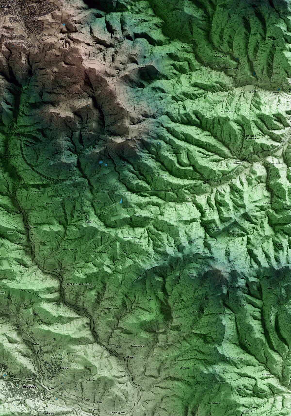Mapa artístico del relieve de Sant Hilari Sacalm, a la Selva, con 15 km de entorno y base topográfica ICGC. Detalle de la zona inferior derecha.