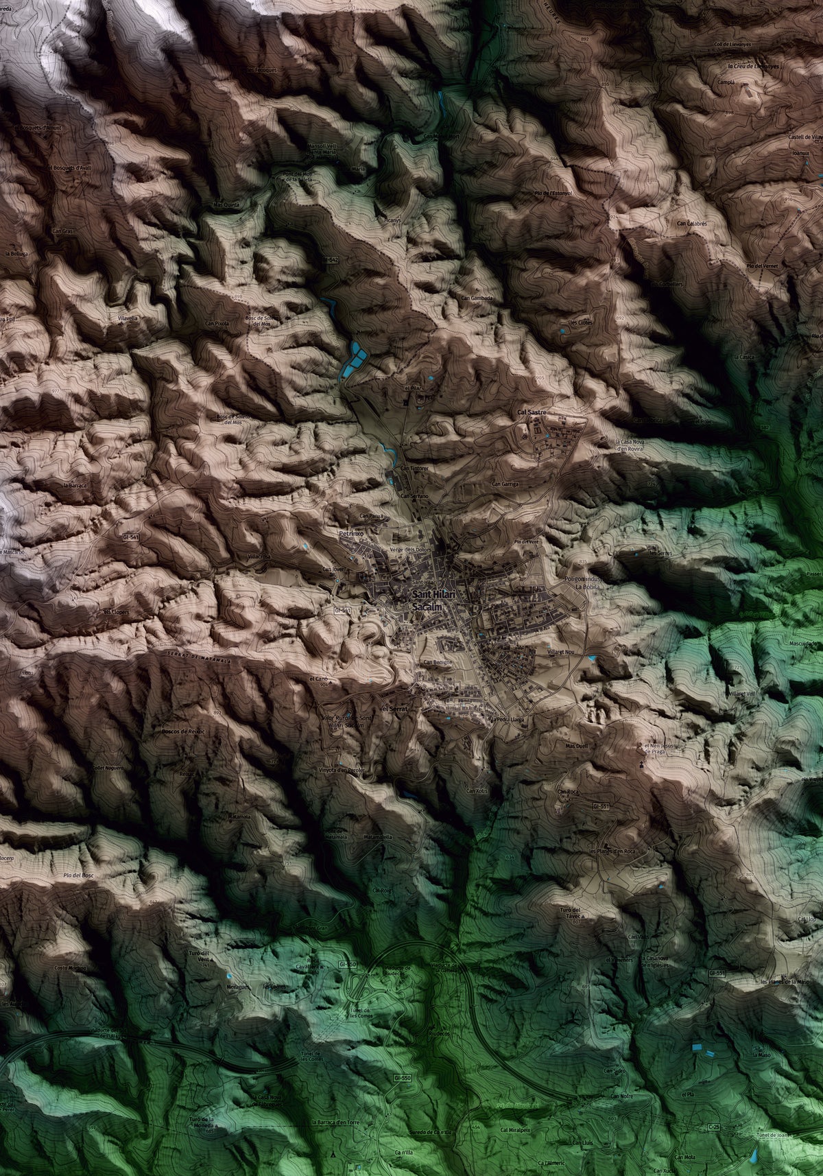 Mapa artístico del relieve de Sant Hilari Sacalm, a la Selva, con 15 km de entorno y base topográfica ICGC. Detalle de la zona central.