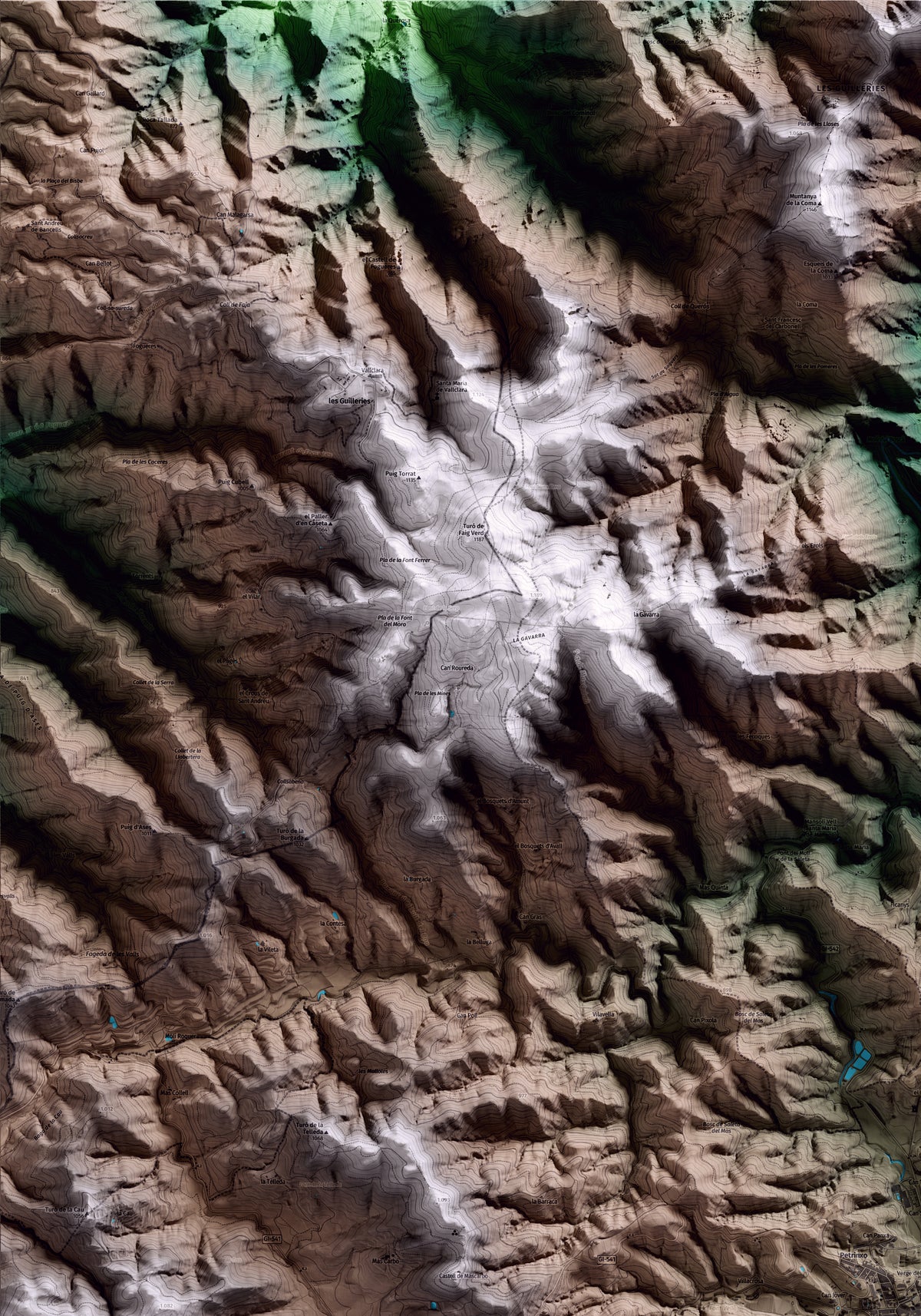 Mapa artístico del relieve de Sant Hilari Sacalm, a la Selva, con 15 km de entorno y base topográfica ICGC. Detalle de la zona superior izquierda.