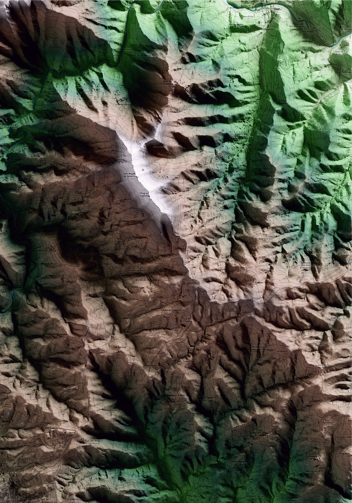 Mapa artístico del relieve de Sant Hilari Sacalm, a la Selva, con 15 km de entorno y base topográfica ICGC. Detalle de la zona superior derecha.