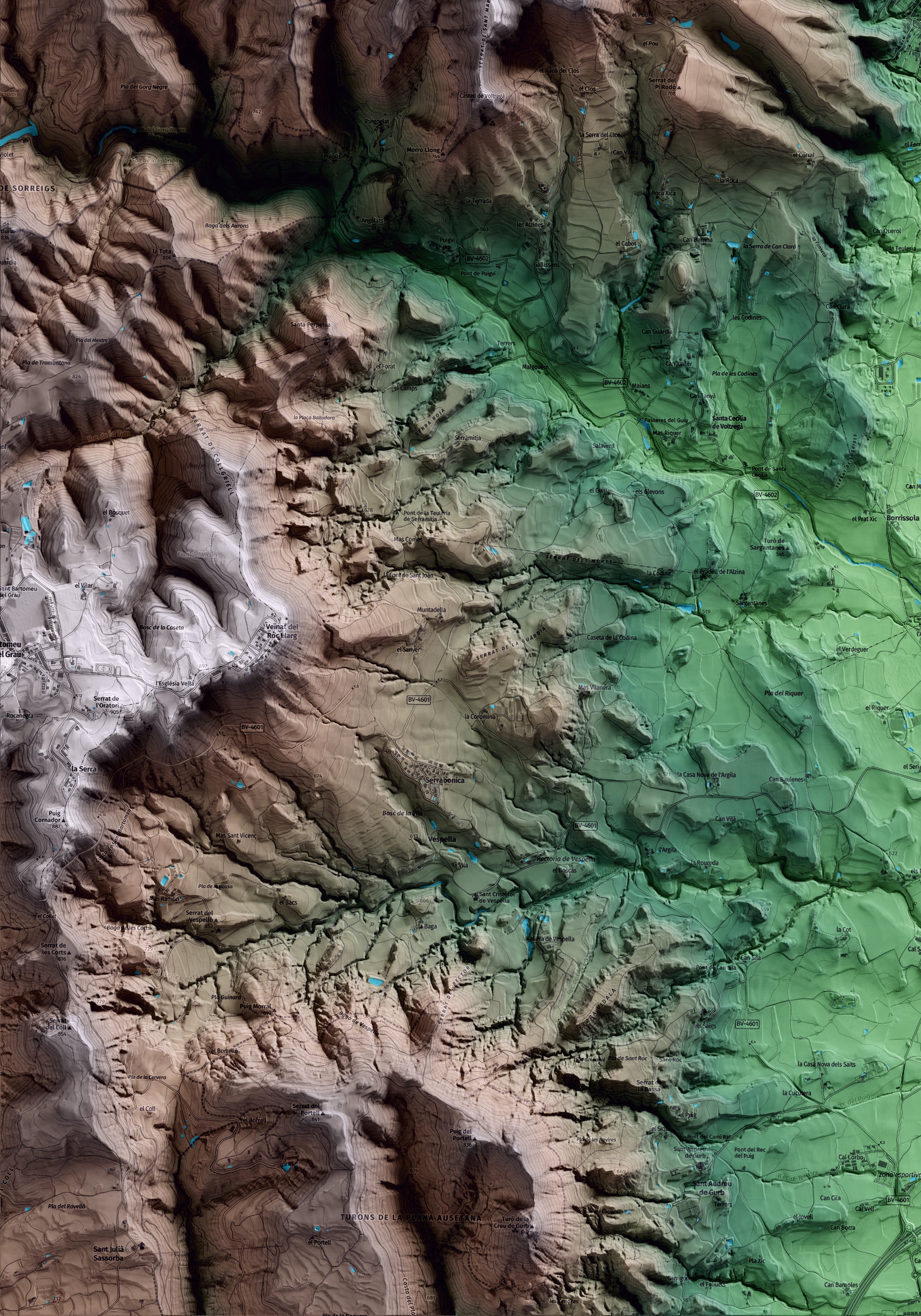 Mapa artístico del relieve de Sant Hipòlit de Voltregà, a Osona, con 15 km de entorno y base topográfica ICGC. Detalle de la zona inferior izquierda.